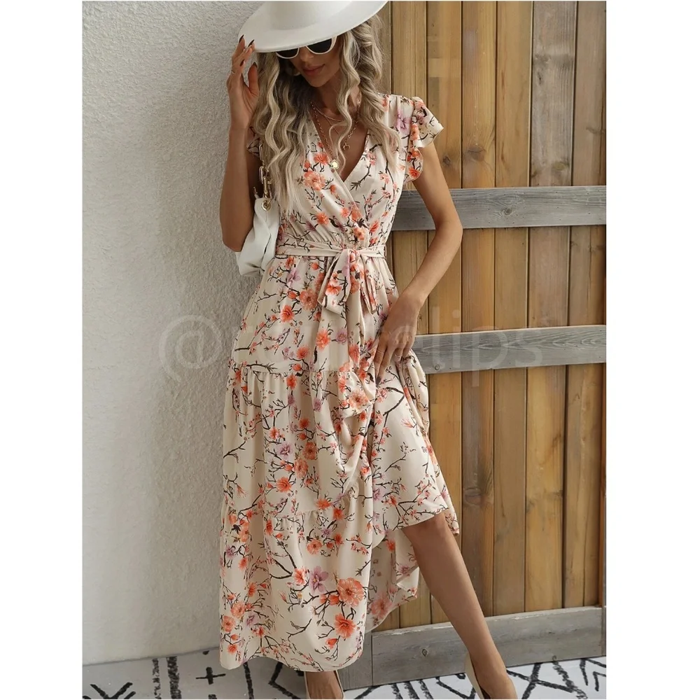 Floral Dress Surplice Overlapping V Neck Fit & Flare Maxi Long  Beige Tie Belt - Picture 3 of 9